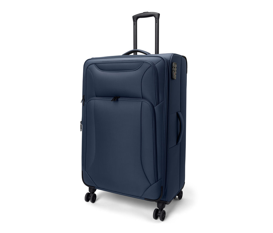 Une grande valise en tissu bleu marine avec une poignée extensible et des roulettes.