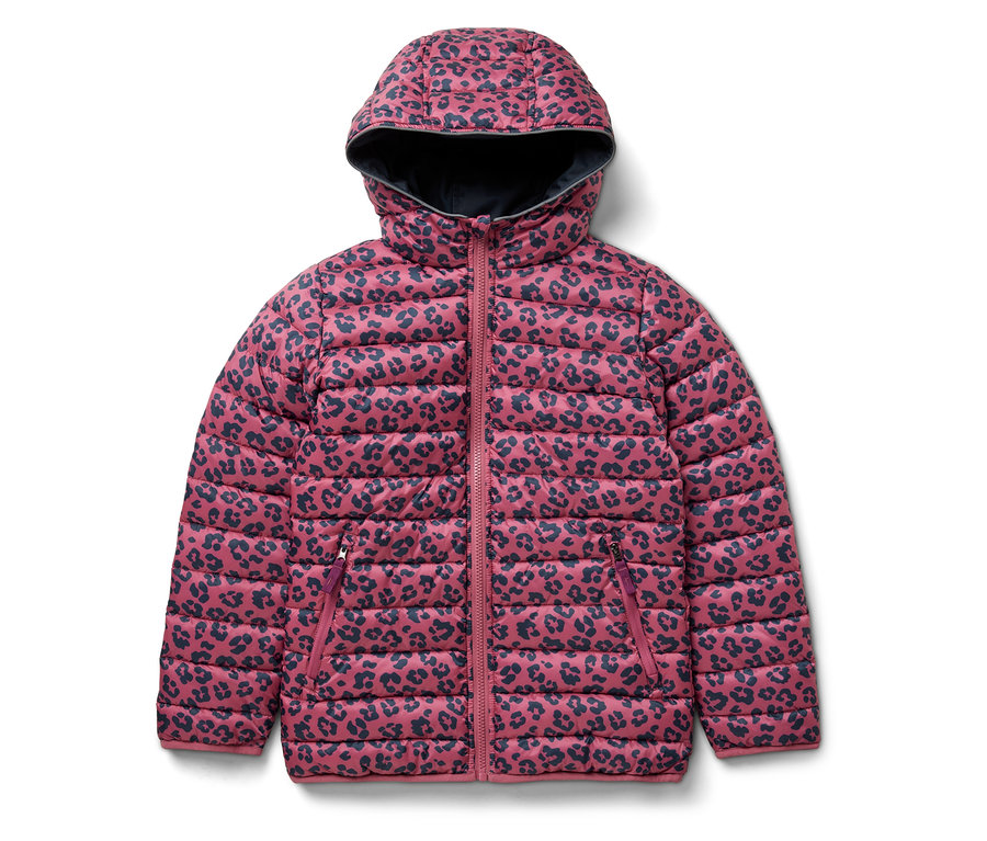 Veste softshell et matelassée 2-en-1 rose pour enfants avec motif animal bleu foncé.
