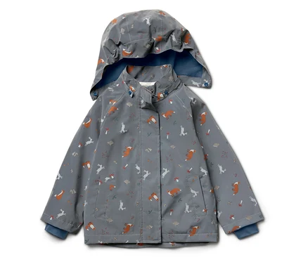 Veste grise à capuche pour enfants avec motifs de renards, lapins, champignons et nuages.