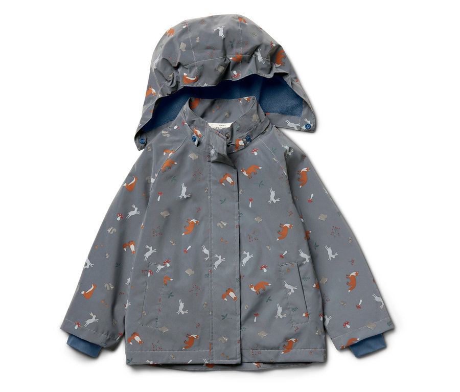 Veste grise à capuche pour enfants avec motifs de renards, lapins, champignons et nuages.