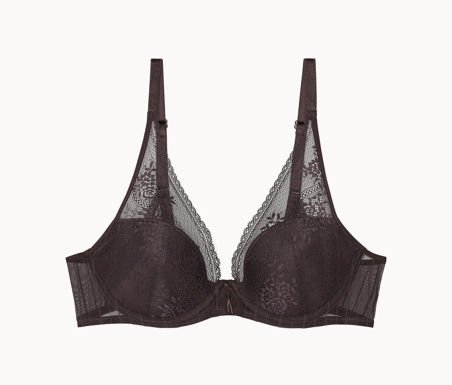 Soutien-gorge en dentelle marron à armatures sur fond blanc.