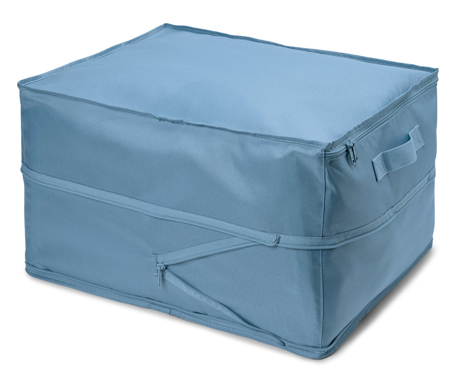 Boîte de rangement en tissu bleu clair avec fermeture éclair.