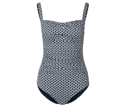 Vue intégrale d'un maillot de bain avec un imprimé de feuilles bleu et blanc.
