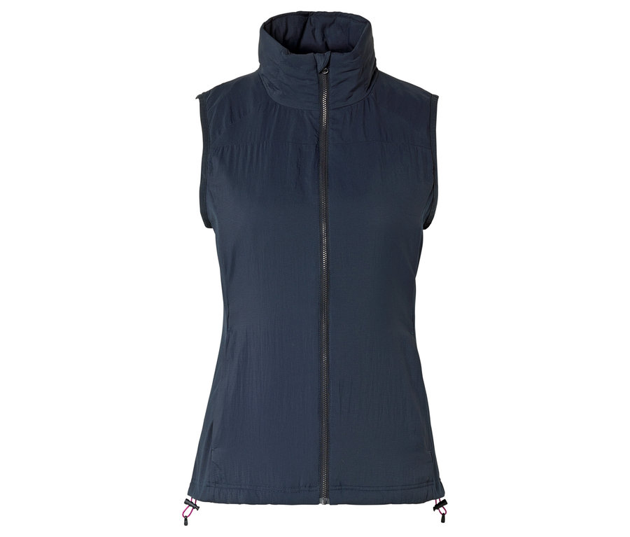 Gilet matelassé bleu marine sans manches avec fermeture éclair intégrale et col montant.