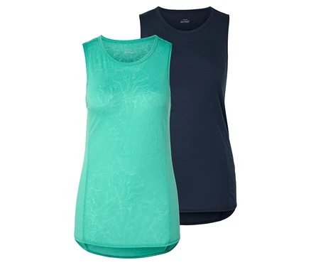 Deux débardeurs Active pour femmes, un turquoise à motifs, l'autre bleu marine.