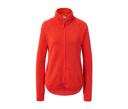 Veste en maille polaire orange avec une fermeture éclair au centre.
