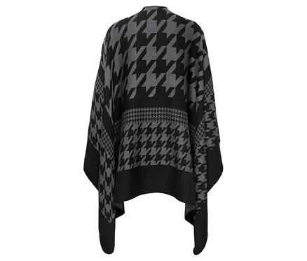Vue arrière d'un poncho gris et noir à motif pied-de-poule.