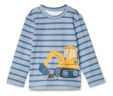 T-shirt à manches longues à rayures bleues avec un imprimé de pelleteuse jaune.