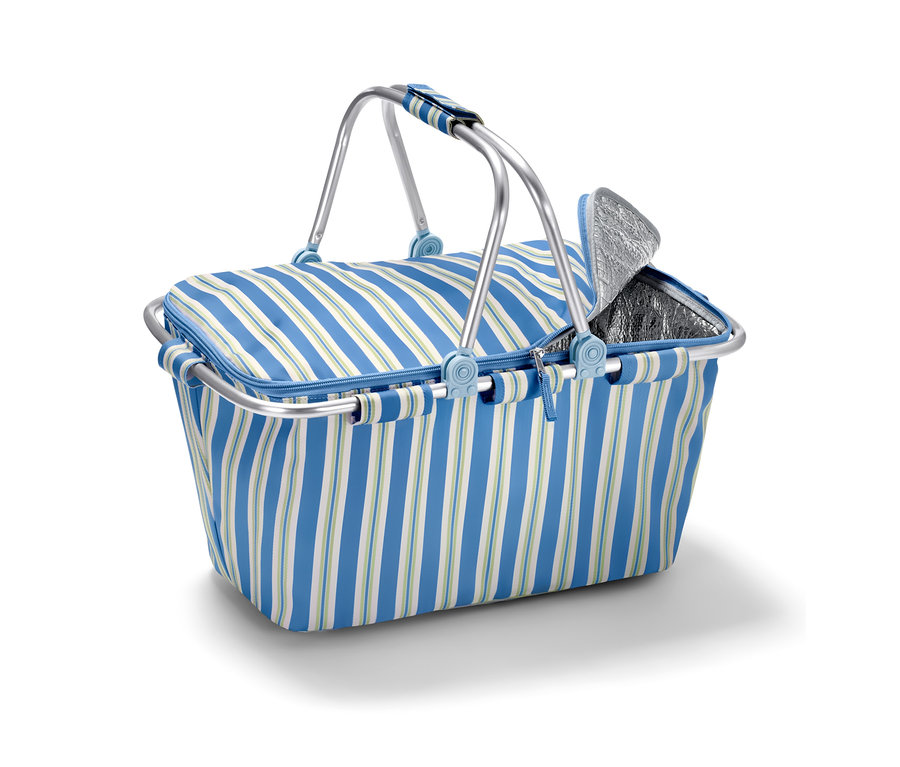 Un panier isotherme rayé avec une poignée en aluminium et un couvercle partiellement ouvert.