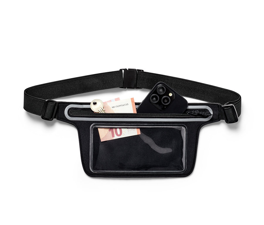 Ceinture de course noire pour smartphone avec téléphone, clé et billet de banque.