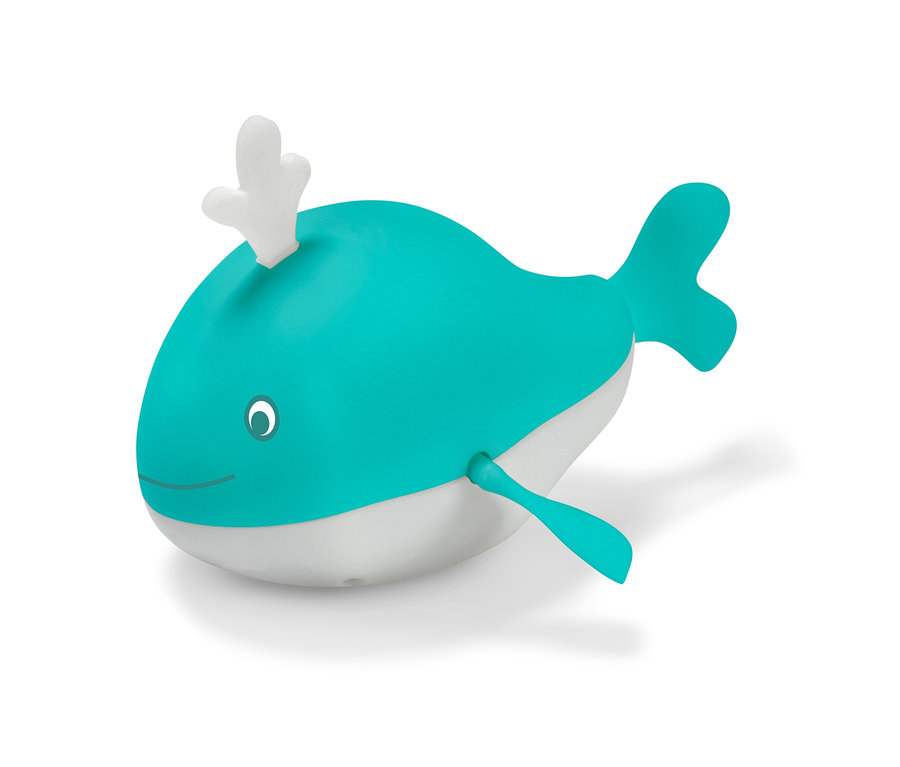 Baleine turquoise et blanche, jouet de bain à remonter.