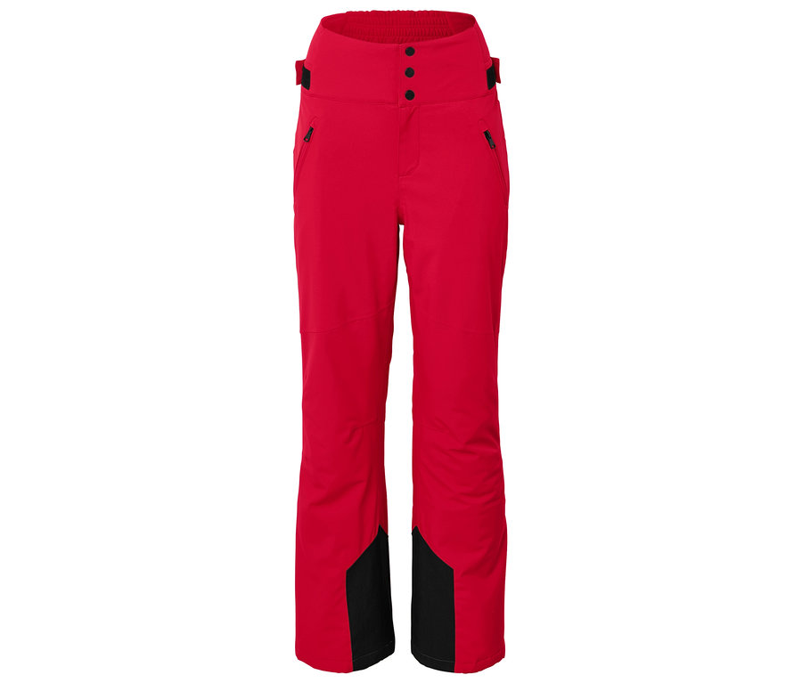 Pantalon de ski rouge avec des empiècements noirs en bas des jambes.