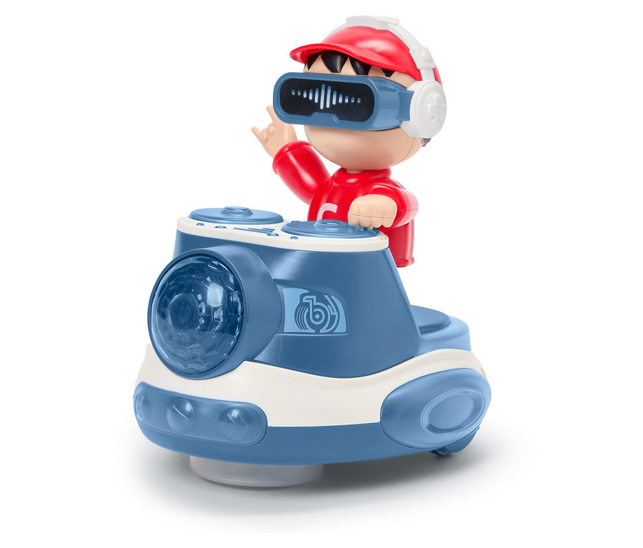 Jouet : Une figurine de garçon en rouge avec une casquette et un casque sur un véhicule bleu et blanc avec des éléments rotatifs.