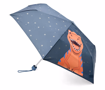 Parapluie ouvert bleu marine avec des étoiles blanches et un dinosaure orange.