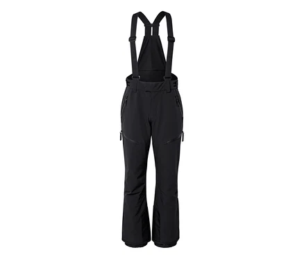 Pantalon de ski noir à bretelles réglables et multiples poches zippées.