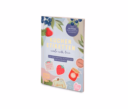 Livre « Étiquettes de cuisine » avec des illustrations de fruits et d'herbes.