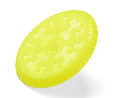 Disque à lancer jaune pour chien avec motif d'os.