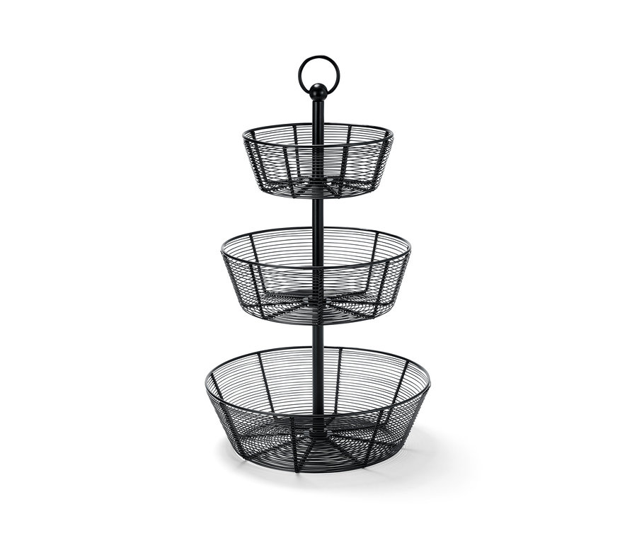 Un plateau à étages noir en métal avec trois paniers.