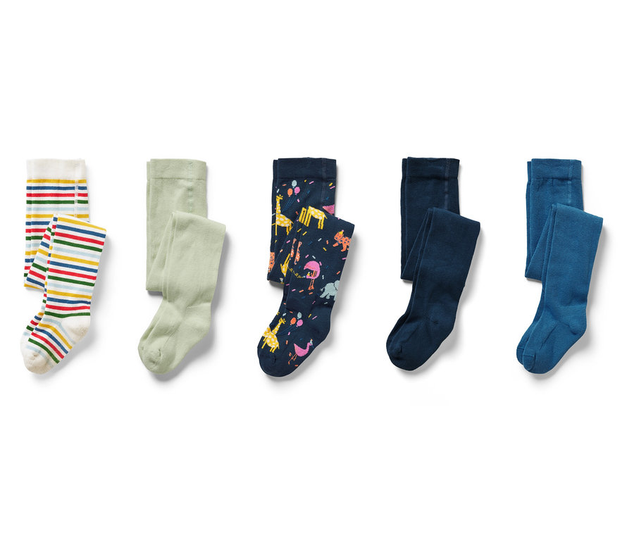 Cinq paires de collants pour enfant de différentes couleurs et motifs.