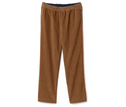 Pantalon marron en velours côtelé avec ceinture élastique et bande rouge sur le côté.