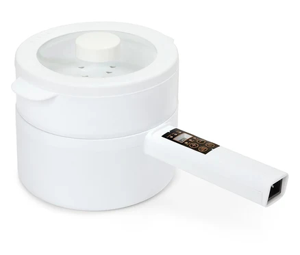 Cuiseur vapeur blanc à deux étages avec couvercle transparent et panneau de commande numérique sur la poignée.