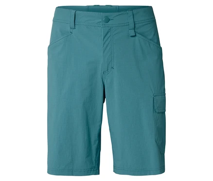 Un short d’extérieur turquoise avec des poches est visible sur fond blanc.