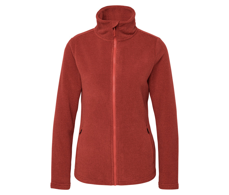 Veste orange en polaire avec fermeture éclair au centre.