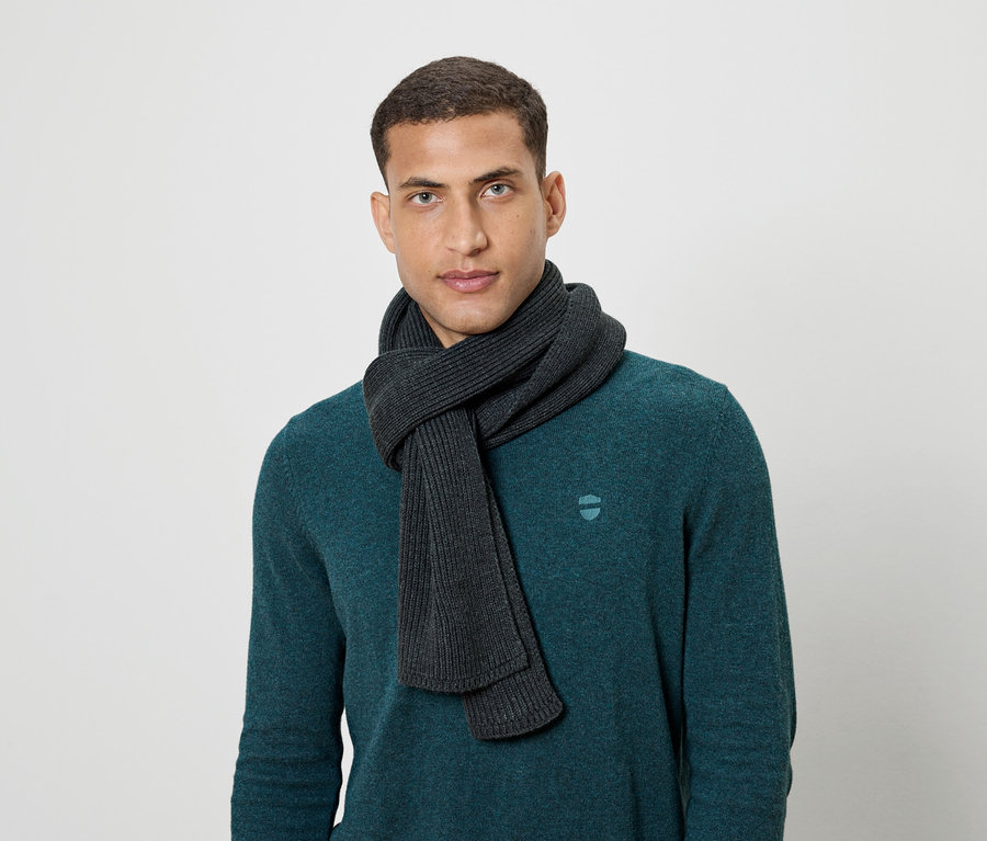 Homme portant une écharpe gris foncé et un pull bleu-vert.