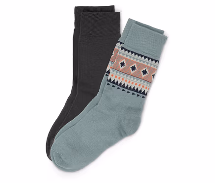 Deux paires de chaussettes : une paire gris foncé, une paire bleu-vert avec un motif géométrique sur la bordure.