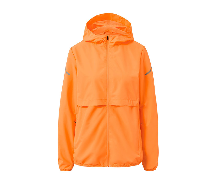 Veste de sport coupe-vent orange fluo à capuche.
