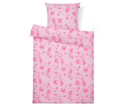 Linge de lit rose avec ballerines et planètes.