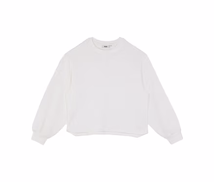 Sweat-shirt blanc à manches longues et col rond, avec un petit logo 'FILA' foncé sur la poitrine gauche et des poignets froncés.