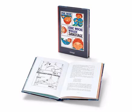 Livre « Das Sams – une semaine pleine de samedis » et un livre ouvert avec des illustrations.