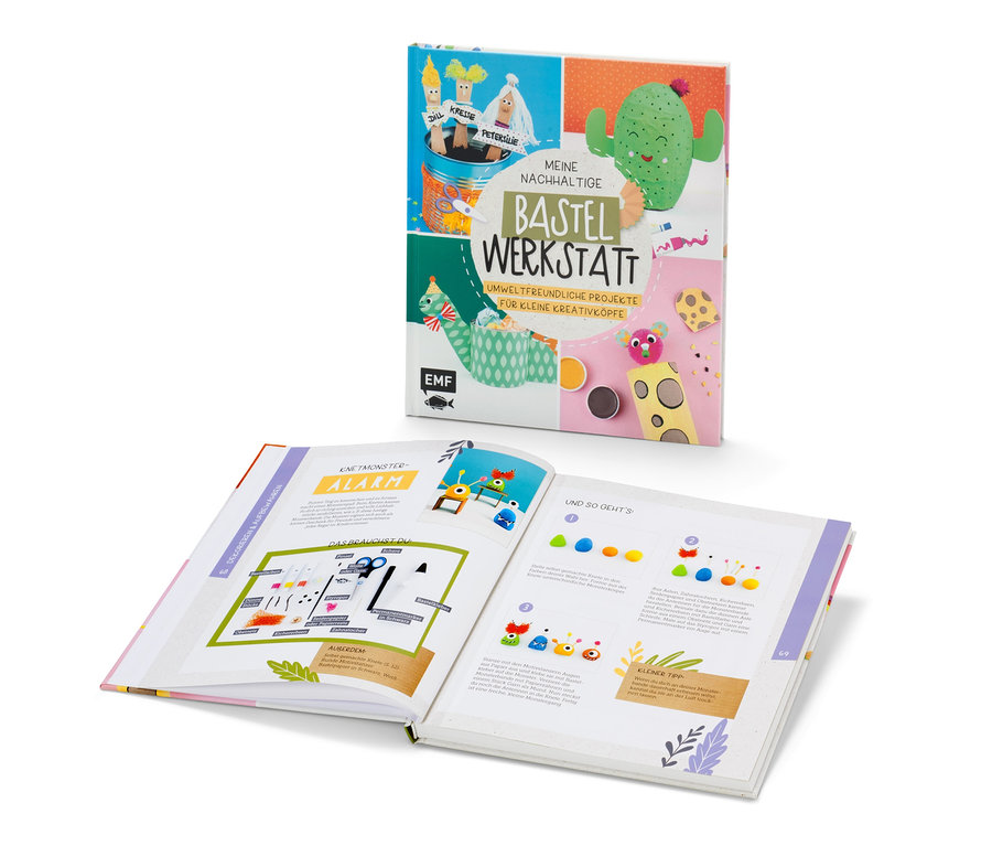 Le livre « Meine nachhaltige Bastelwerkstatt » (en Allemand) est ouvert et posé à côté.