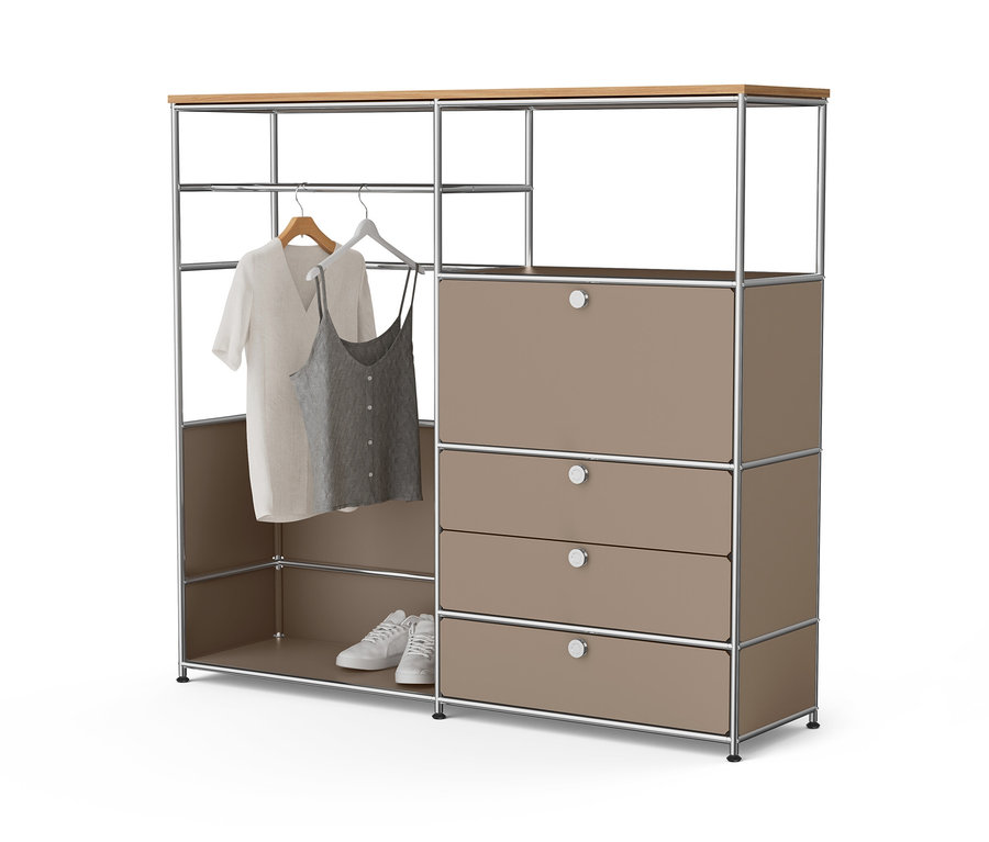 Commode en métal « CN3 » taupe avec plateau en bois, une tringle à vêtements, un abattant et trois tiroirs.