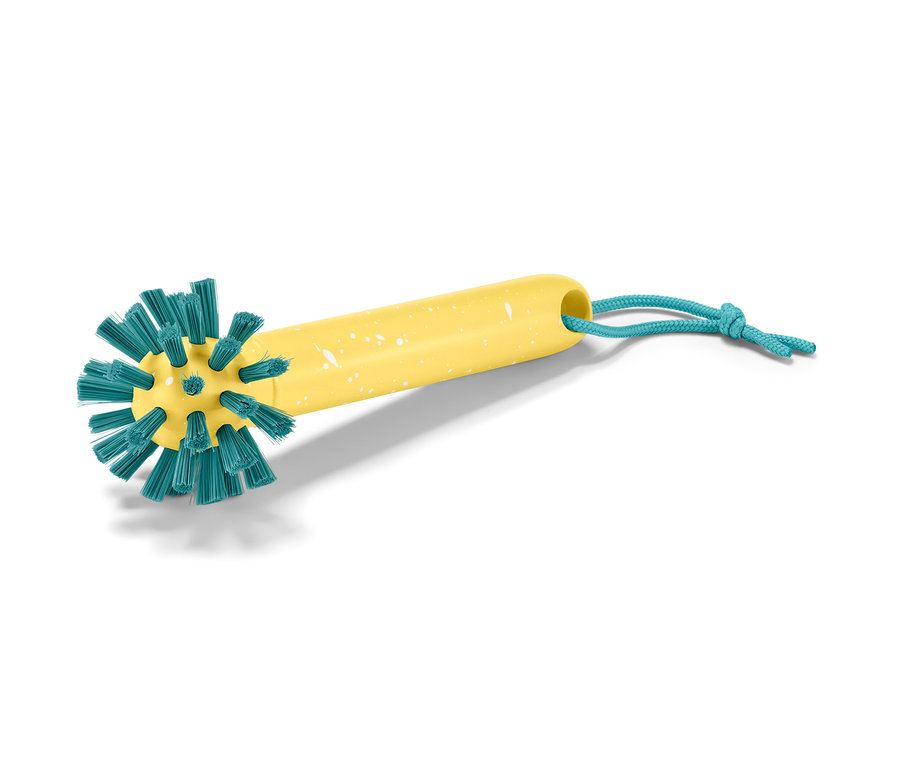 Brosse de nettoyage universelle jaune avec des poils bleu-vert et une corde bleue.