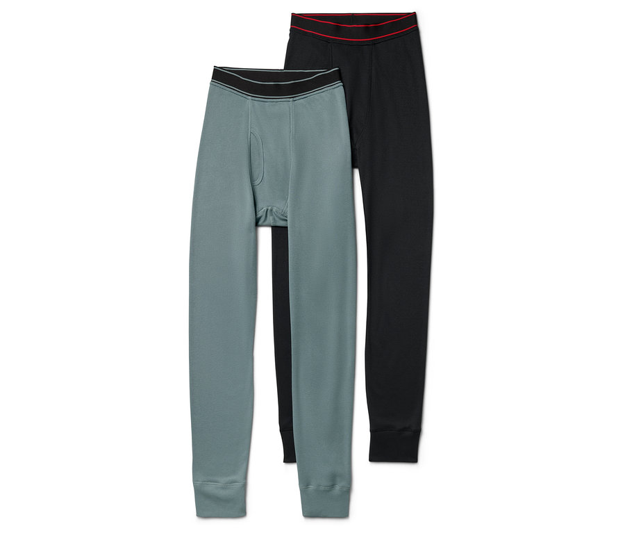 Deux caleçons longs thermiques pour hommes : un gris-vert et un noir.
