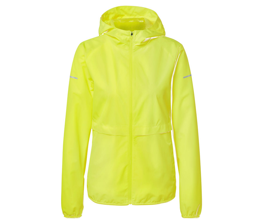 Veste de pluie jaune vif à capuche avec fermeture éclair.