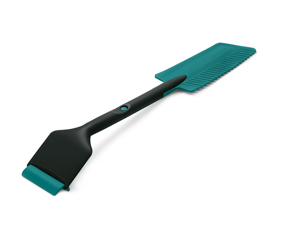 Un racloir et balayette à neige 3 en 1 noir et turquoise pour la voiture sur fond blanc.