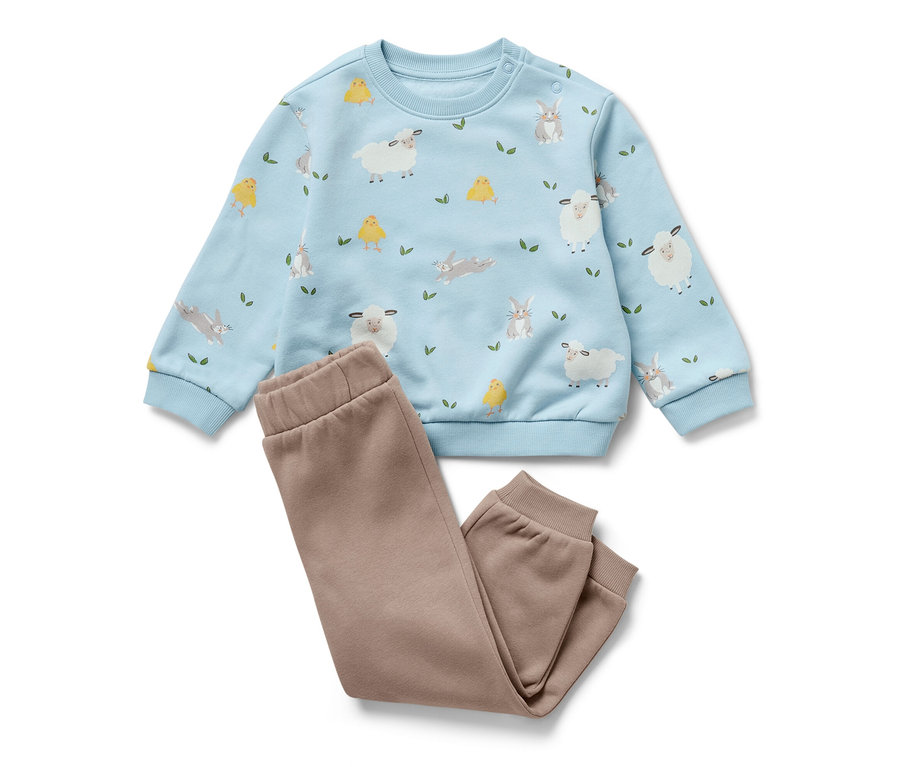 Ensemble en sweat bleu clair pour bébé avec motifs de moutons, de poussins et de lapins.