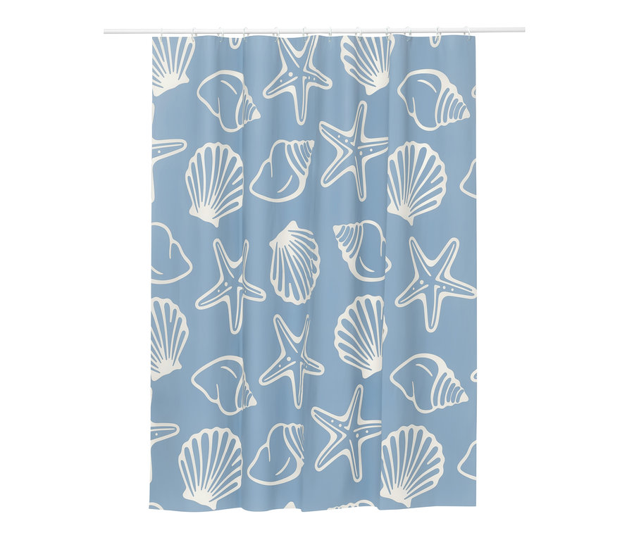 Rideau de douche bleu avec motif de coquillages et d'étoiles de mer blancs.
