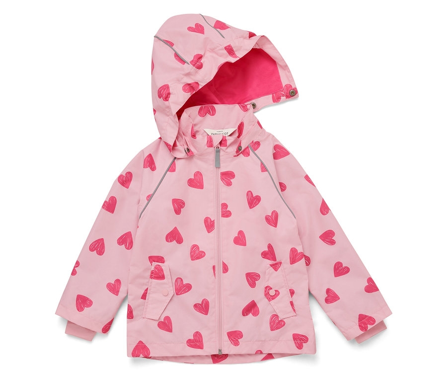 Imperméable rose pour enfants avec capuche, orné de cœurs roses.