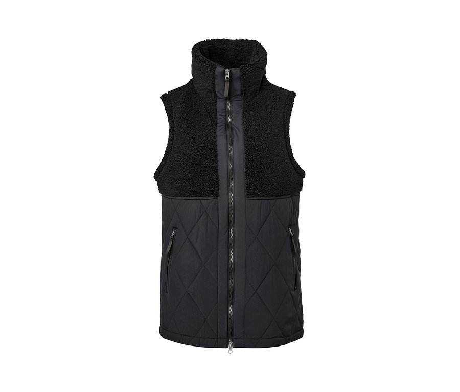 Gilet matelassé sans manches en peluche teddy noir avec doublure et fermeture éclair.