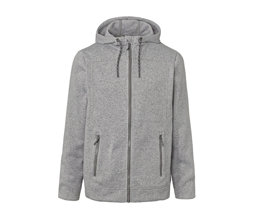 Veste en maille polaire grise avec capuche et fermeture éclair.