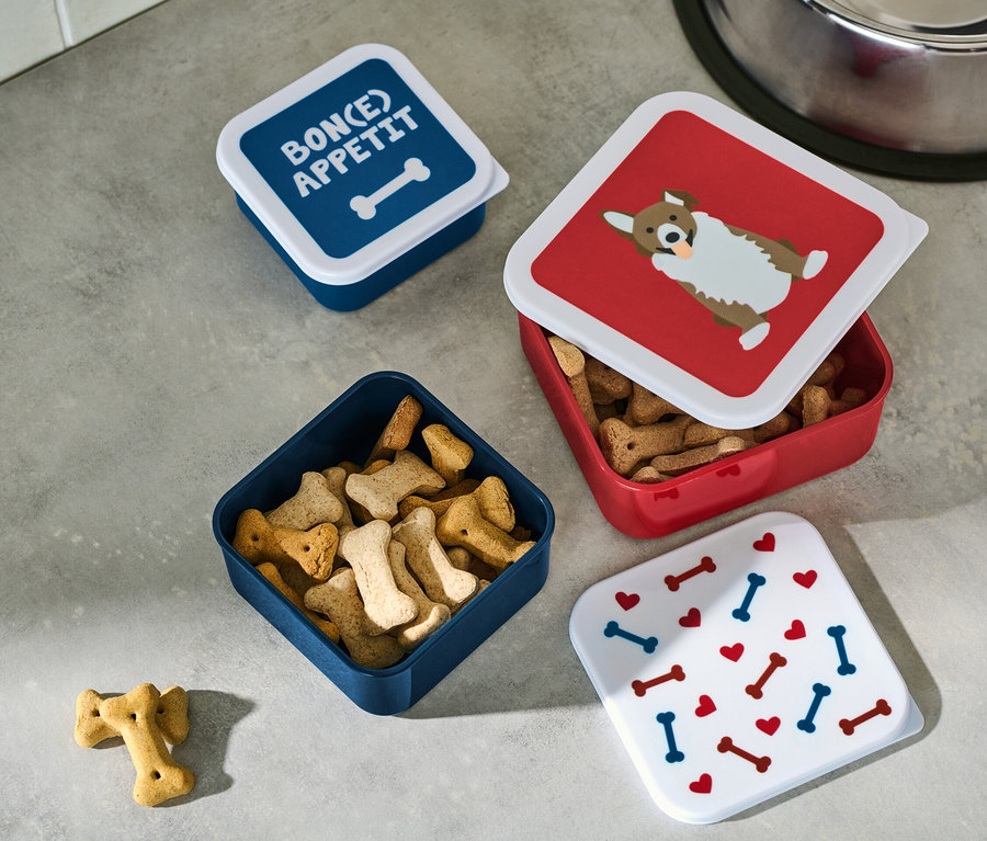 Quatre boîtes pour en-cas sont posées sur une surface grise, l'une d'elles est ouverte et remplie d'en-cas.