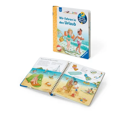 Deux livres pour enfants sur le thème de la plage, dont le livre « Pourquoi ? Comment ? Junior : Nous partons en vacances » (en allemand).