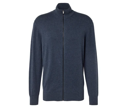Cardigan bleu marine en tricot avec fermeture éclair.
