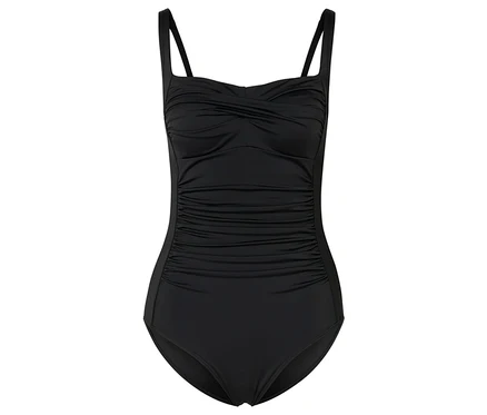 Maillot de bain modelant noir avec bretelles et fronces sur la poitrine.