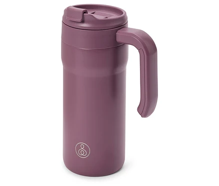 Gourde isotherme violette avec couvercle et poignée, sur fond blanc.