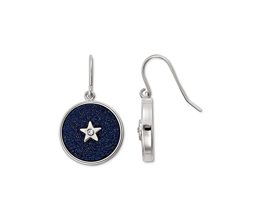 Deux pendants d’oreilles Ciel étoilé avec un cercle bleu et une étoile au centre.